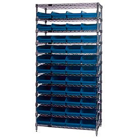 Global Industrial Chrome Wire Shelving with 44 4"H Plastic Shelf Bins Blue, 36x18x74 268974BL