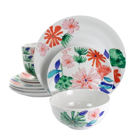 Gibson Home Dazzling Lily 12 Piece Ceramic Dinnerware Set 127027.12