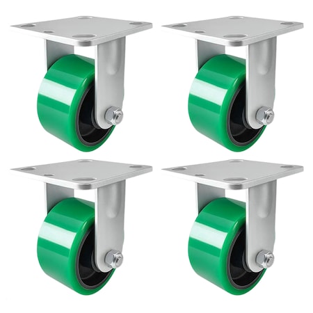 Hyw Products Heavy Duty Caster Set 4in Green Polyurethane on Cast Iron Wheels, 4 Rigid, 4PK 40-40R-A1-PC-4 (G)