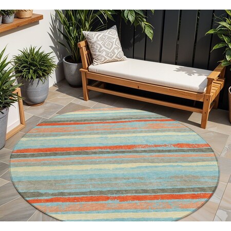 Homeroots 8' Sky Blue Pink And Gray Round Striped Washable Indoor Outdoor Area Rug 598934