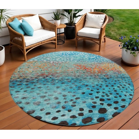 Homeroots 8' Blue Terra Cotta And Black Round Abstract Washable Indoor Outdoor Area Rug 603085