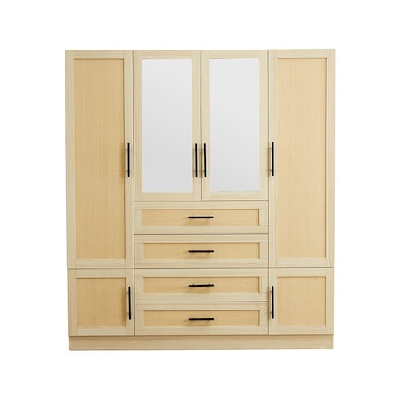 Homeroots 70" Natural Wood And Rattan Mirrored Six Door Four Drawer Combo Dresser 569294