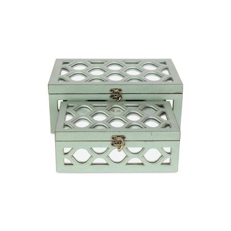 Homeroots Set of Two Blue Mirrored Glass And Wood Box With Lid, 2PK 379873