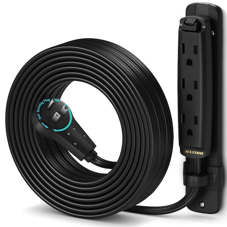 Maximm 25ft 16AWG 3-Outlet 360 degrees Flat Plug Extension Cord w/ Bracket, UL, Black ADW-360-C3F25-16B0-WM