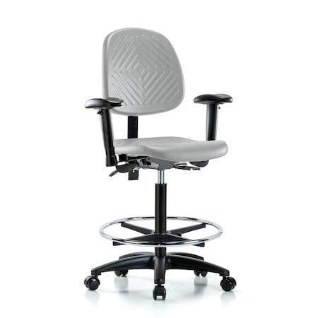 Blue Ridge Ergonomics Poly Chair-High Bench Ht with Medium Back, Adjustable Arms, Chrome Foot Ring, & Casters in Gray Poly PHBCH-MB-RG-T0-A1-CF-RC-GRY