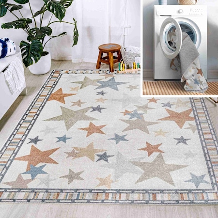 Jonathan Y Star Gazer Geometric Machine-Washable Ivory/Blue/Orange 3 ft. x 5 ft. Area Rug KDW100A-3