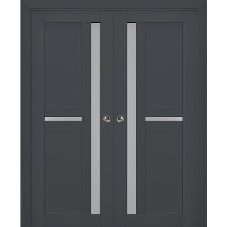 Sartodoors Sliding French Double Pocket Doors with Frosted Glass 64x84 (2* 32x84) Solid Core Modern Interior VEREGIO7288DP-ANT-6484