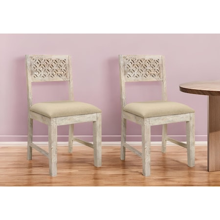 Homeroots Set of Two Brown And White Upholstered Fabric Carved Back Dining Side Chairs 522060