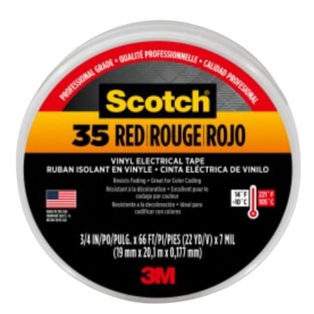 Scotch Electrical Tape, 66 ft L, 3/4 in W, PVC Backing, Red 10810-DL-2W