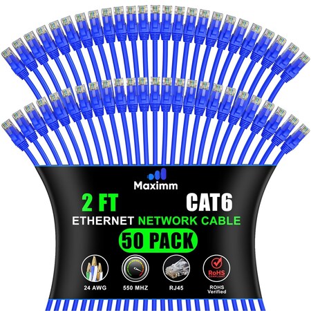 Maximm Cat6 Ethernet Cable 2ft 10Gbps 550MHz UTP, 50PK, Blue, 50PK BL50PK04