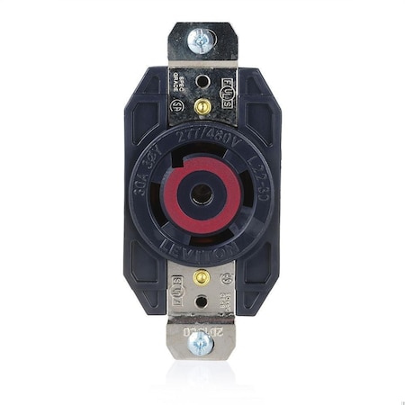 Leviton Flanged Locking Receptacle, L22-30R, 30 A, 277/480V AC, Three Phase, 4 Pole, Flush Mount, Black 2820