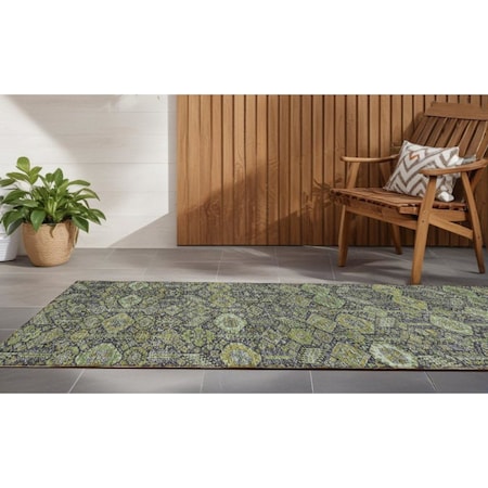 Homeroots 8' Runner Moss Green and Gray Floral Washable Non Skid Indoor Outdoor Runner Rug 564375