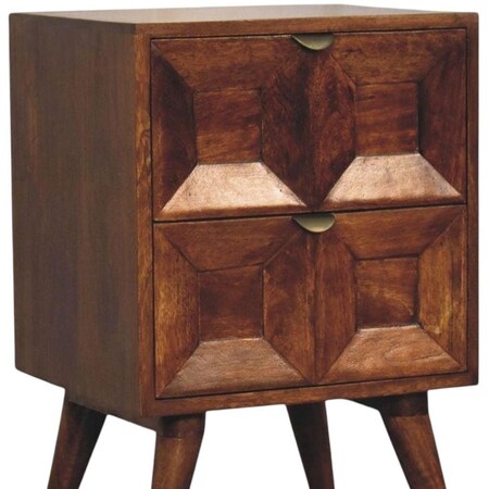Homeroots 24" Chestnut Solid Wood Carved Geometric Two Drawer Nightstand 722529