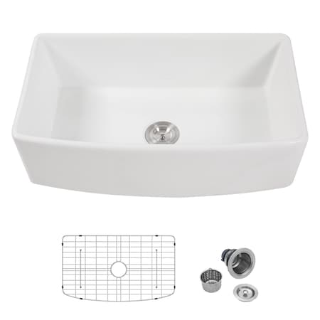 Wrightmaster 33 in. Curved Apron-Front Single Bowl White Ceramic Kitchen Sink w/Bottom Grids and Basket Strainer ZOR-AW331910DS