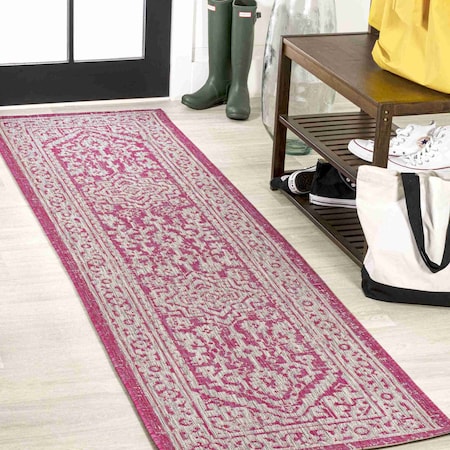 Jonathan Y Sinjuri Medallion Textured Weave Fuchsia/Light Gray 2 ft. x 10 ft. Indoor/Outdoor Runner Rug SMB101G-210