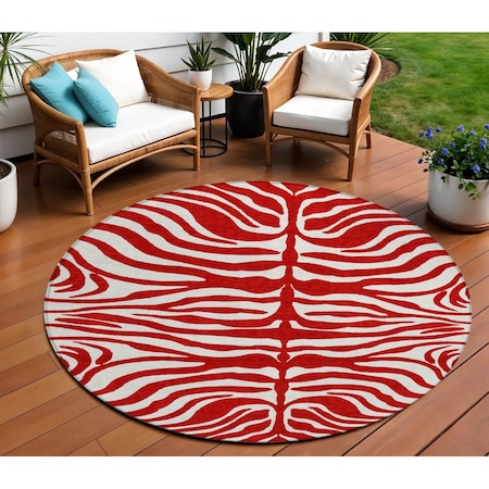 Homeroots 8' Red And Ivory Round Animal Print Washable Indoor Outdoor Area Rug 600650