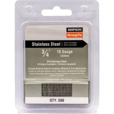 Simpson Strong-Tie Straight Adhesive Collation T-Style Head 18-Gauge Brads  3/4'' Type 316, 500-Qty T18N075FNB