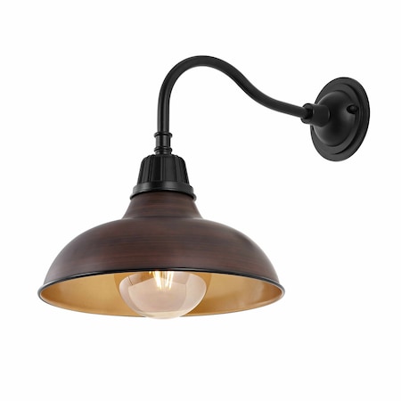 Jonathan Y Aurora 12.25" 1-Light Farmhouse Industrial Iron LED Gooseneck Arm Outdoor Sconce, Wood Finish/Copper JYL7613G