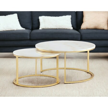 Homeroots Set of Two 31" White And Gold Genuine Marble And Iron Round Nested Coffee Tables 543849