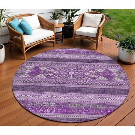 Homeroots 8' Purple Eggplant And Gray Round Southwestern Washable Indoor Outdoor Area Rug 582844
