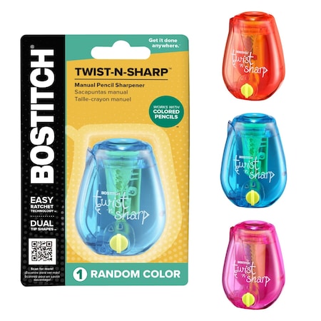 Bostitch Twist-n-Sharp Pencil Sharpener, For Kids & Colored Pencils, Assorted PS1-ADJ