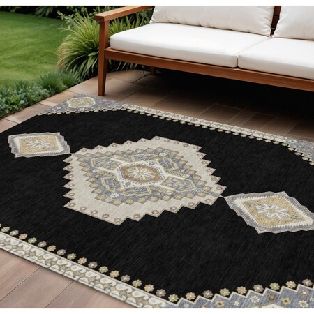 Homeroots 8' X 10' Black Gold And Gray Oriental Washable Indoor Outdoor Area Rug 598385