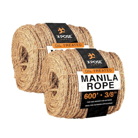 Xpose Safety Manila Rope, 3/8 Inch 600ft 3-Strand Natural Fiber Cordage for Crafts & Outdoor Use, 2PK MR38-600-2-X-S