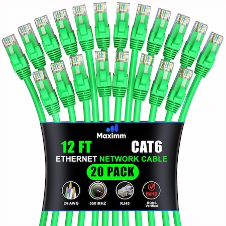 Maximm Cat6 Ethernet Cable 12ft 10Gbps 550MHz UTP, 20PK, Green, 20PK CAT6CCA-12GN-20PK