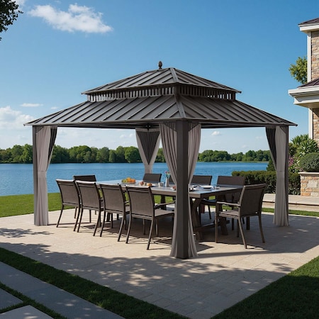 Sunjoy Kingston 14x12 Gazebo, Steel Hardtop Gazebo with Curtain and Netting - Brown Aluminum Posts A10204366200