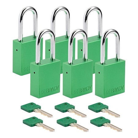Brady Padlock, Keyed Alike, Aluminum, Orange, 1 1/2 in Shackle Height, 1 1/2 in Body Width, 6 PK SDAL-ORG-38ST-KA6