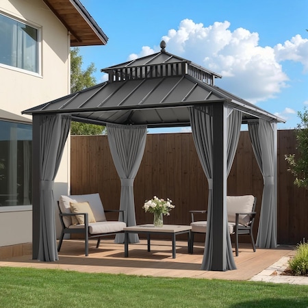Sunjoy Kingston 10x10 Gazebo with Metal Roof , Curtain, and Netting - Gray Aluminum Posts A10204362100