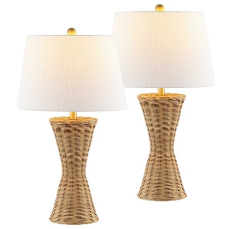 Jonathan Y Laura 27" Coastal Designer Woven Rattan/Metal Wicker Hourglass LED Table Lamp, Natural, 2PK JYL4048A-SET2