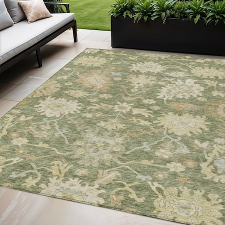 Homeroots 5' X 8' Artichoke Green Ivory And Tan Floral Washable Indoor Outdoor Area Rug 605182