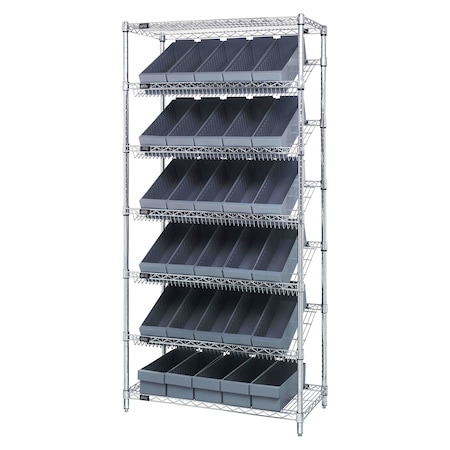 Quantum Storage Systems WIRE SHELVING UNIT W/30 GRAY BINS WRS-7-602GY