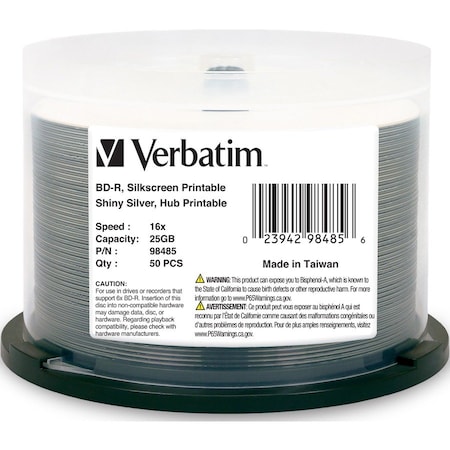 Verbatim BD-R 25GB 16X SHINY SILVER SILK SCREEN PRINTABLE, HUB PRINTABLE-50PK SP, 50PK 98485