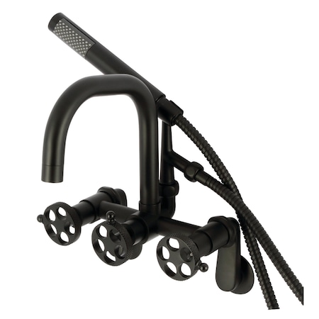 Kingston Brass 7-Inch Adjustable Wall Mount Clawfoot Tub Faucet with Knurled Handle and Hand Shower, Matte Black AE8450RKX