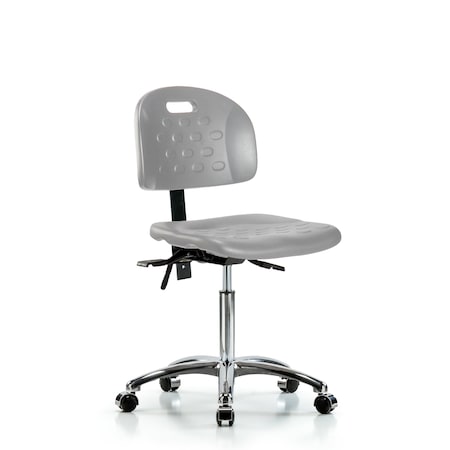 Blue Ridge Ergonomics Polyurethane Chair Chrome - Medium Bench Height with Adjustable Arms & Casters in Gray Polyurethane HPMBCH-CR-T0-A1-NF-CC-GRY