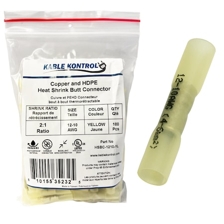 Kable Kontrol Butt Splice Wire Connector, 10 AWG Max, Yellow, 100 PK HSBC-1210-YL