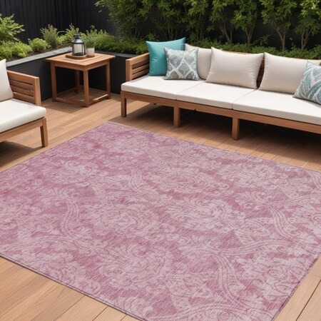 Homeroots 8' X 10' Pink And Ivory Damask Washable Indoor Outdoor Area Rug 616535