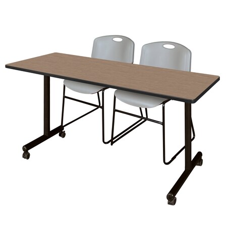 Regency Kobe Mobile T-Base Training Table W/ 2 Zeng Stack Chairs, 60 in W, 24 in L, Noble Oak MKTRCC6024NO44GY