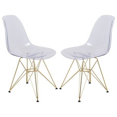 Leisuremod Cresco Plastic Dining Side Chair with Gold Base, Clear, 2PK CR19CLG2