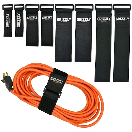 Grizzly Supply Stretch Cinch Strap, 6, 9, 12, 18 in L, 1, 1.5, 2 in W, Hook and Loop Closure, Reusable, Black, 8PK GS-HLSTR6x9x12x18-0