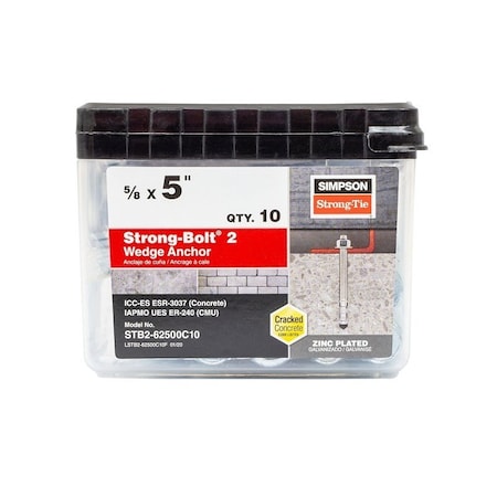 Simpson Strong-Tie Strong-Bolt 2 Wedge Anchor, 5/8 in Dia, 5 in L, Carbon Steel, Zinc Plated STB2-62500C10