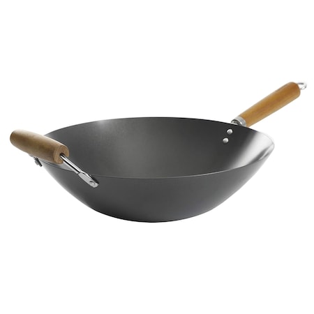 Kenmore Hammond 14 Inch Flat Bottom Carbon Steel Wok in Black with Wooden Handles 126335.01