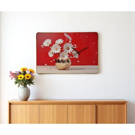 Homeroots 24" Gold Red And White Solid Wood and Acrylic Silent Daisies Floral Wall Clock 626574