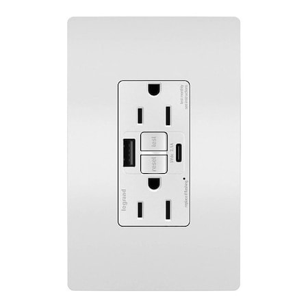Legrand USB Receptacle, 15 A, White, Nylon 1597TRUSBACW
