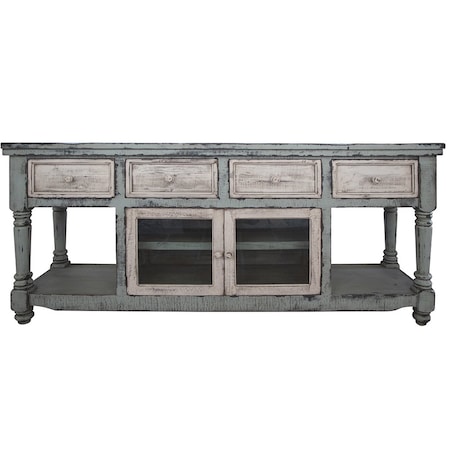 Homeroots 70" Blue and White Solid Wood Open shelving Distressed TV Stand 528736