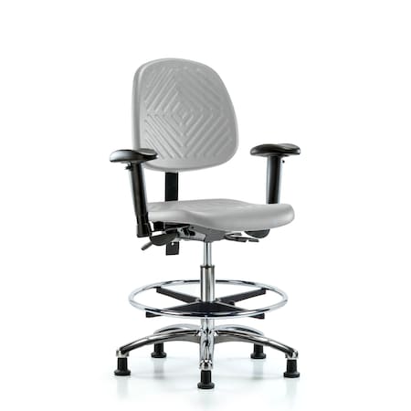 Blue Ridge Ergonomics Poly Chair Chrome-Med Bench Ht with Med Back, Adj Arms, Chrome Foot Ring, &Stat Glides in Gray Poly PMBCH-MB-CR-T0-A1-CF-RG-GRY