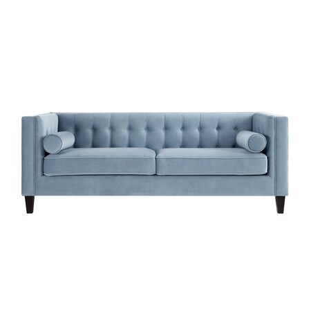 Homeroots 83" Slate Blue Velvet Wood Sofa With Toss Pillows 543951
