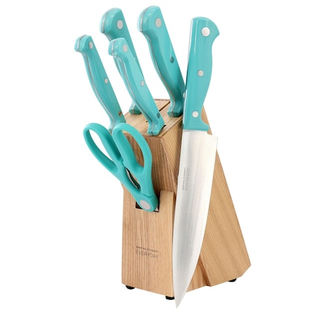Martha Stewart Everyday Keswick 7 Piece Stainless Steel Cutlery and Wood Block Set in Teal 141047.07